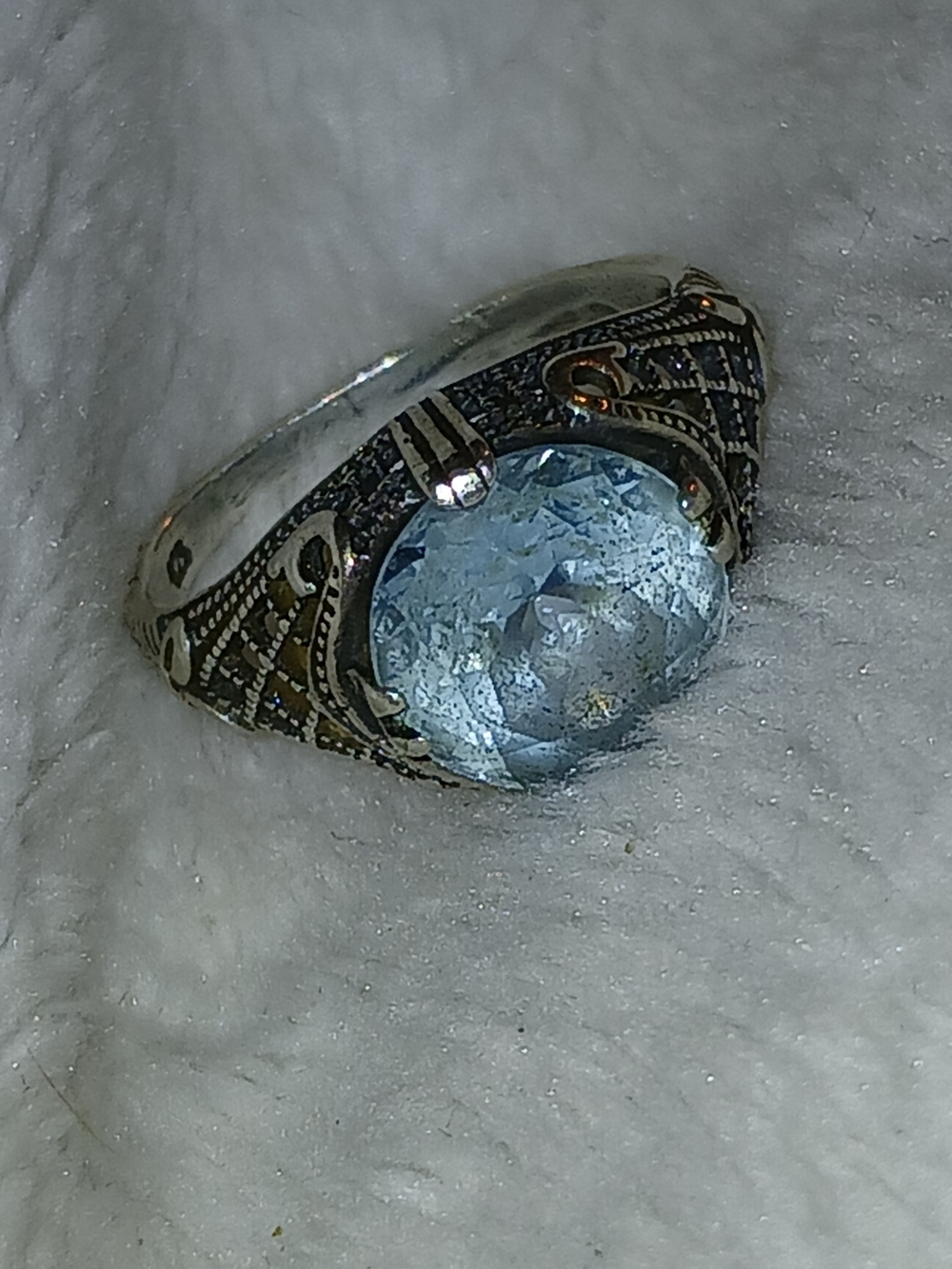 S925 Vintage Art Deco Swiss Blue Topaz Filligre Ring
